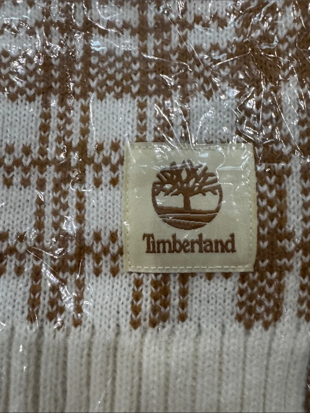 Timberland Plaid Knit Scarf in Cream and Camel